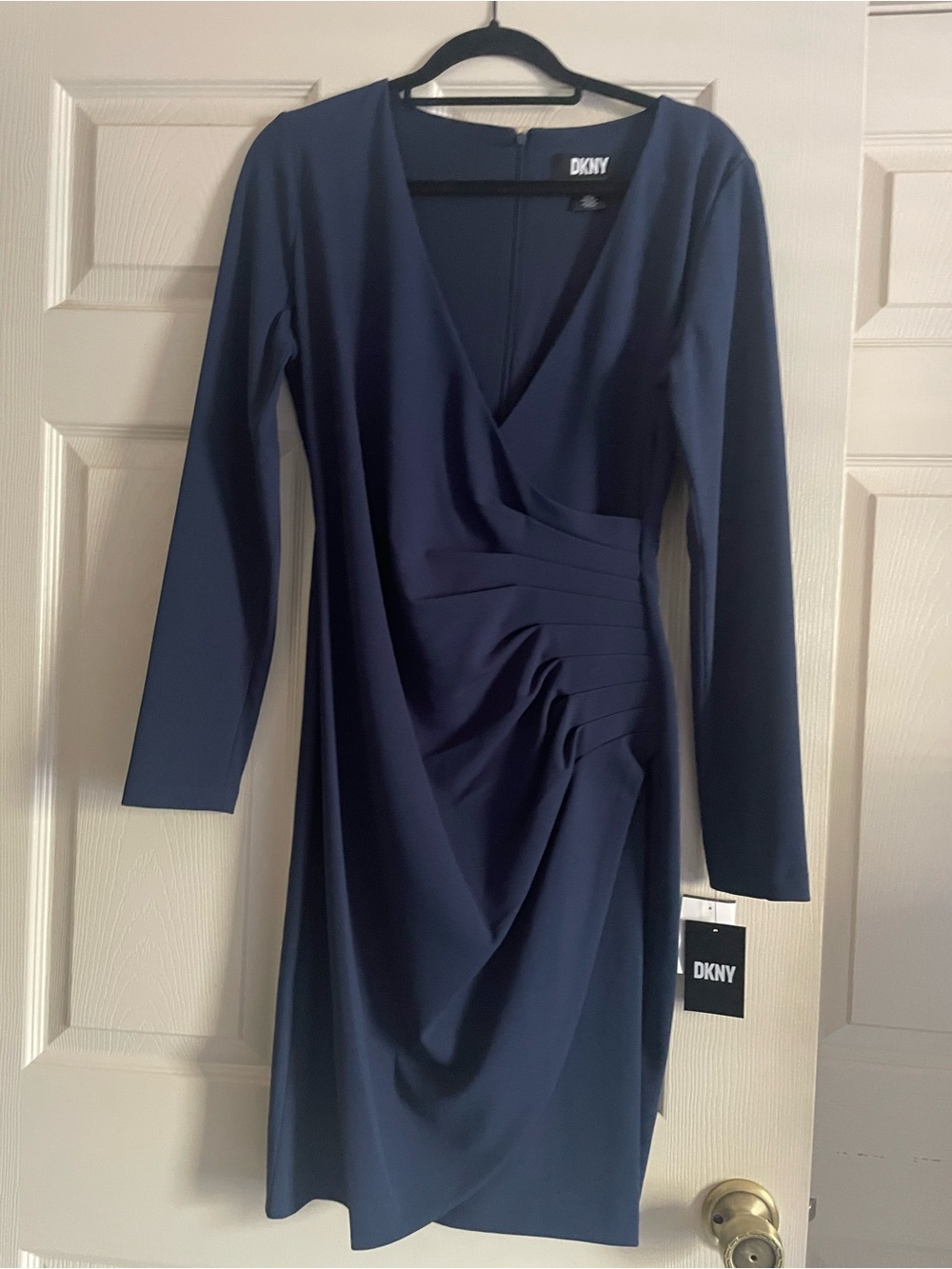 DKNY Deep Navy Long-Sleeve Faux-Wrap Ruched Dress